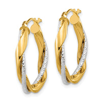 14k Two-tone Polished Rope Twisted Oval Hoop Earrings-TF1184