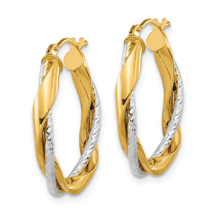 14k Two-tone Polished Rope Twisted Oval Hoop Earrings-TF1184