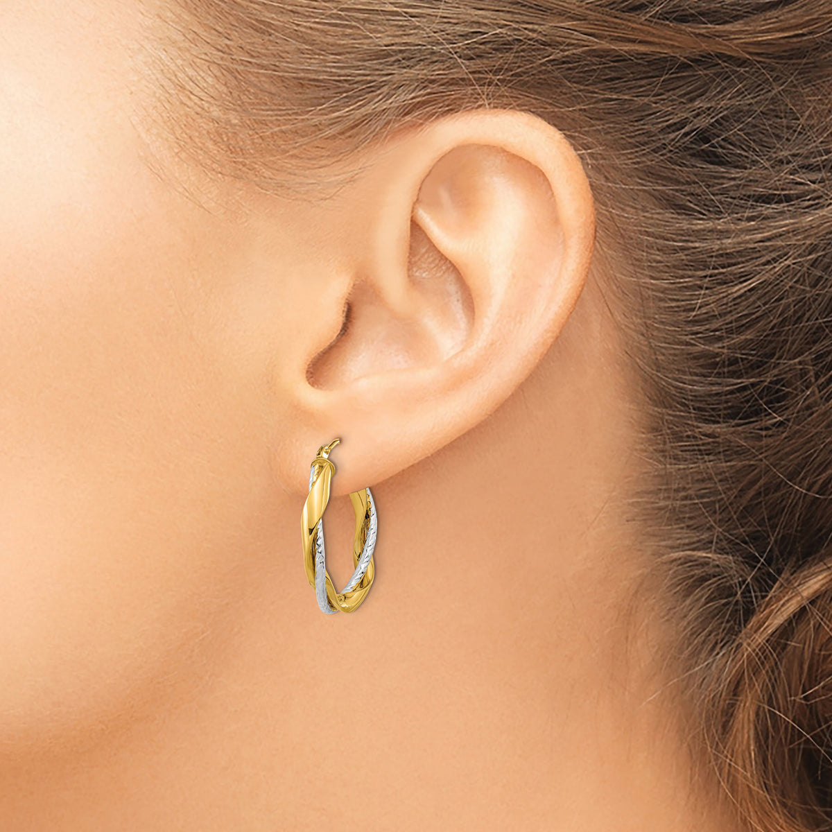 14k Two-tone Polished Rope Twisted Oval Hoop Earrings-TF1184
