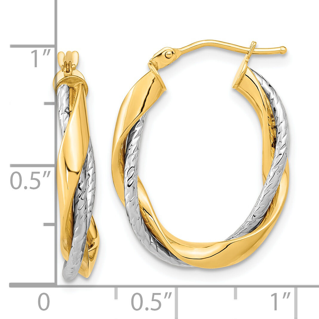 14k Two-tone Polished Rope Twisted Oval Hoop Earrings-TF1184