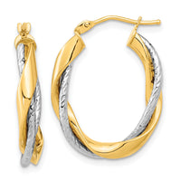 14k Two-tone Polished Rope Twisted Oval Hoop Earrings-TF1184