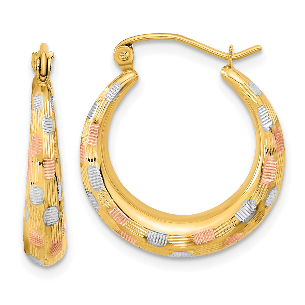 14k White and Rose Rhodium Polished Satin Diamond-cut Hoop Earrings-TF1207