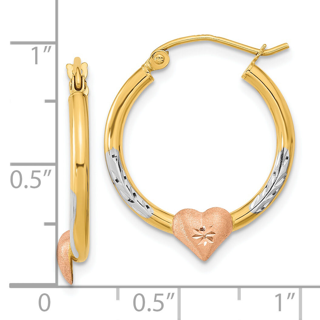 14k Two-tone with White Rhodium D/C Heart Hoop Earrings-TF1238
