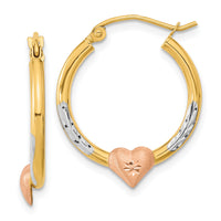 14k Two-tone with White Rhodium D/C Heart Hoop Earrings-TF1238