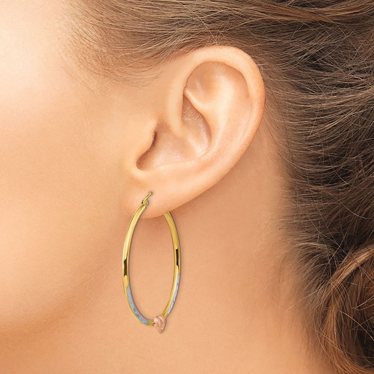 14k Two-tone with White Rhodium D/C Heart Hoop Earrings-TF1240