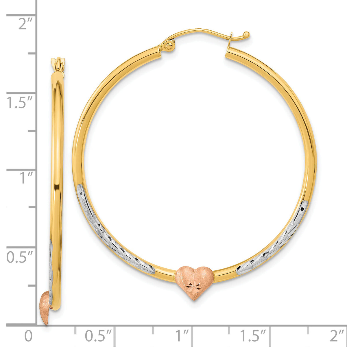 14k Two-tone with White Rhodium D/C Heart Hoop Earrings-TF1240