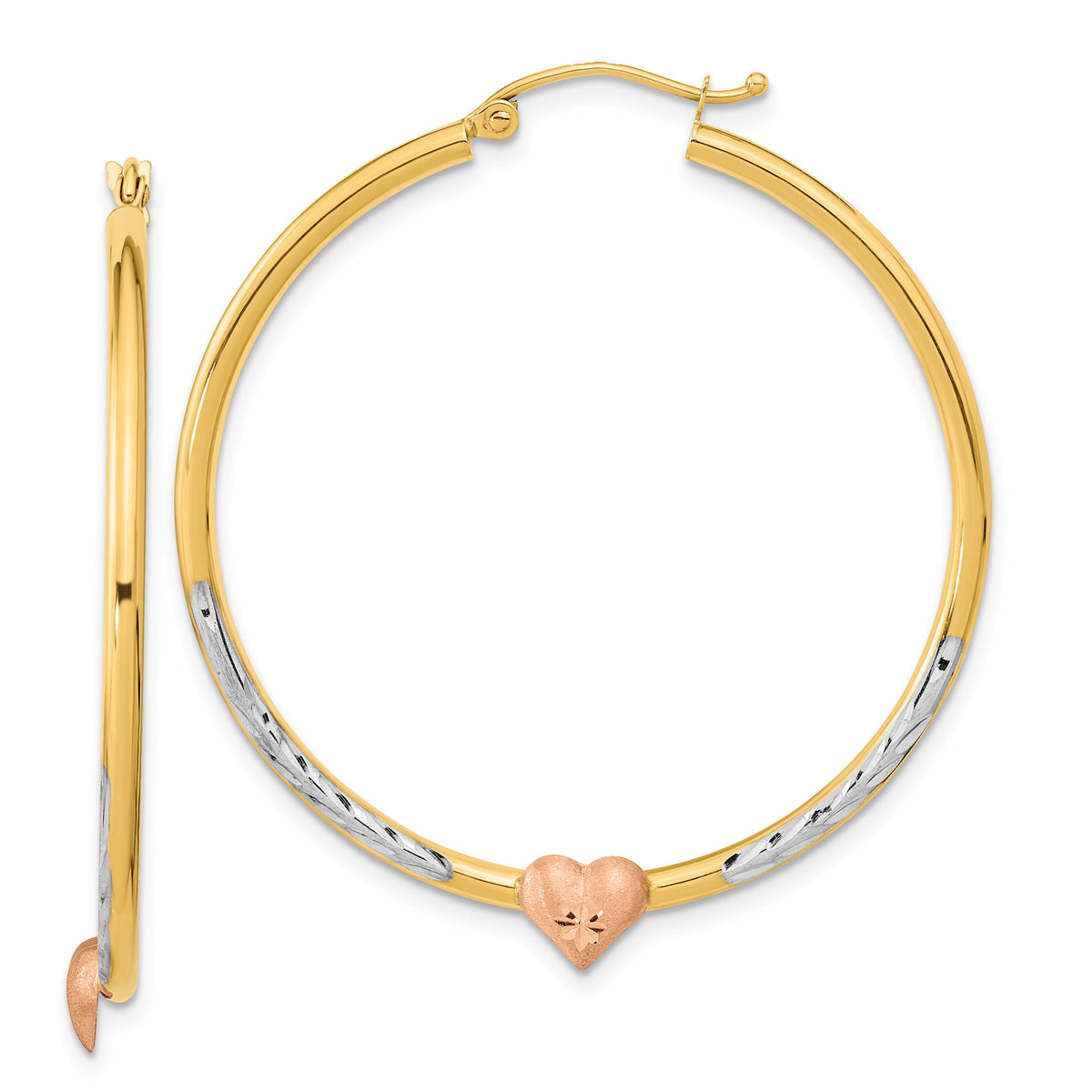 14k Two-tone with White Rhodium D/C Heart Hoop Earrings-TF1240