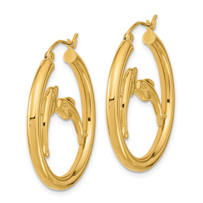 14k Polished Dolphins Hoop Earrings-TF1249