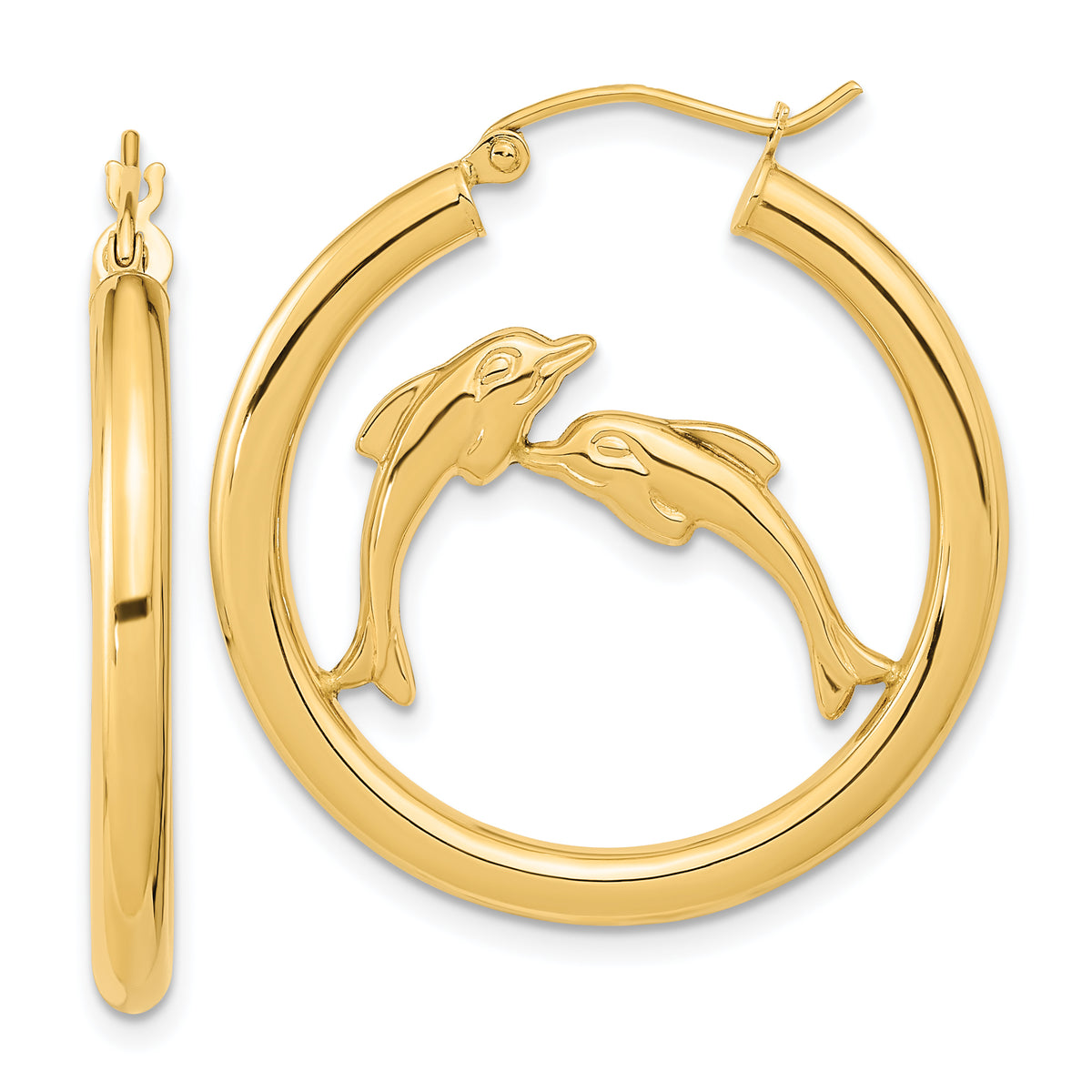 14k Polished Dolphins Hoop Earrings-TF1249