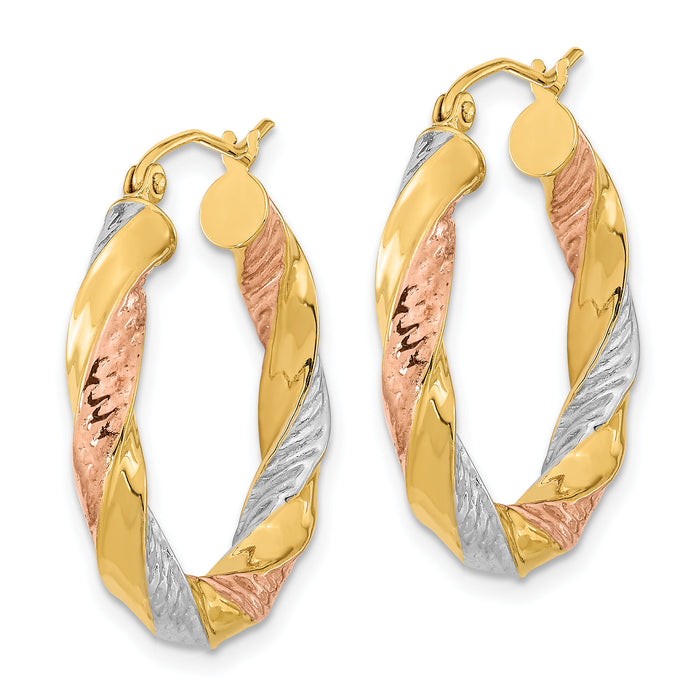 14k w/ White/Rose RH Polished & D/C Twist Hoop Earrings-TF1298