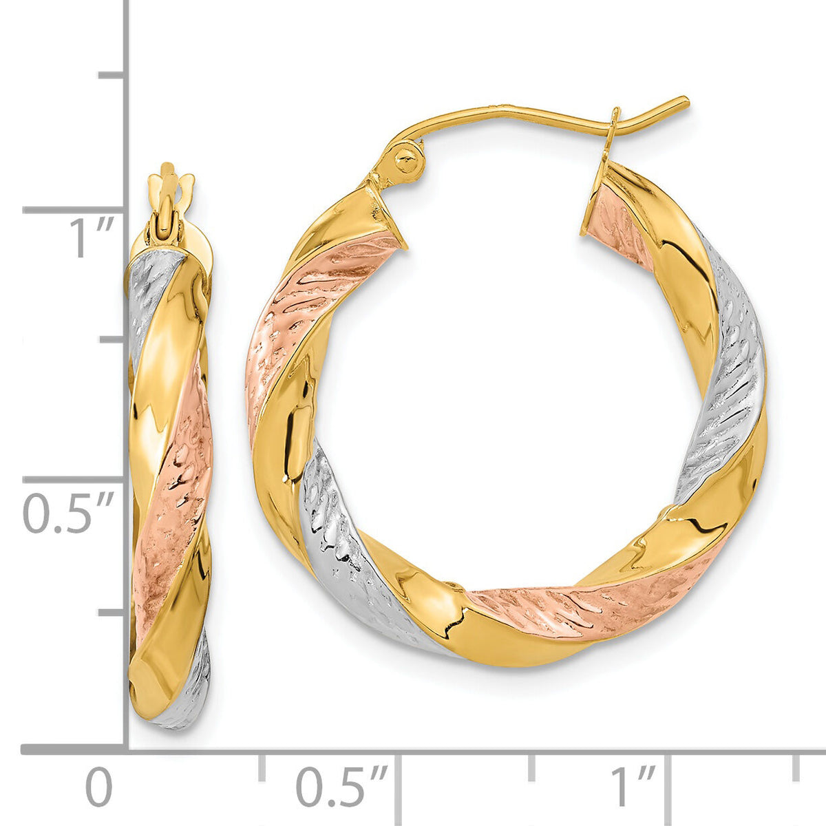 14k w/ White/Rose RH Polished & D/C Twist Hoop Earrings-TF1298
