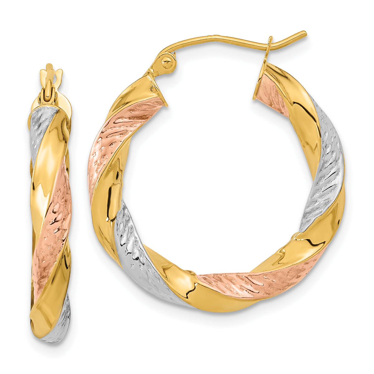 14k w/ White/Rose RH Polished & D/C Twist Hoop Earrings-TF1298