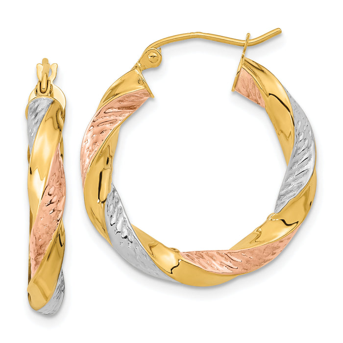 14k w/ White/Rose RH Polished & D/C Twist Hoop Earrings-TF1298