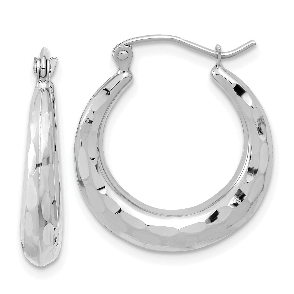 14k White Gold Polished Diamond-cut Hoop Earrings-TF1300W