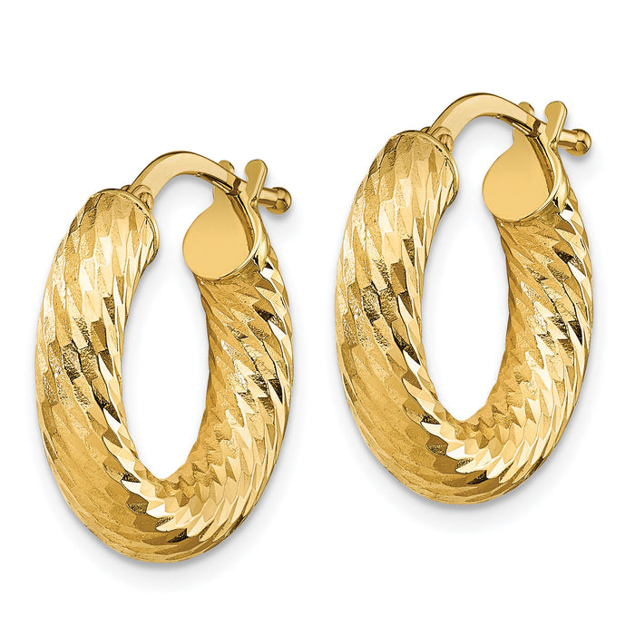 14k 4x18mm Diamond-cut Round Hoop Earrings-TF1332