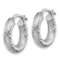14k 4x18mm White Gold Diamond-cut Round Hoop Earrings-TF1332W