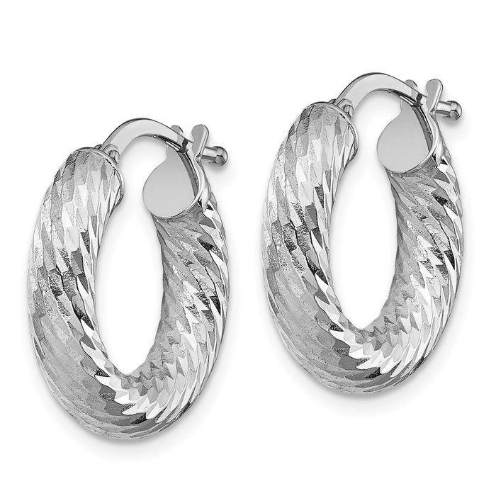 14k 4x18mm White Gold Diamond-cut Round Hoop Earrings-TF1332W