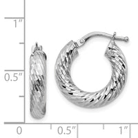 14k 4x18mm White Gold Diamond-cut Round Hoop Earrings-TF1332W