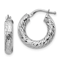 14k 4x18mm White Gold Diamond-cut Round Hoop Earrings-TF1332W