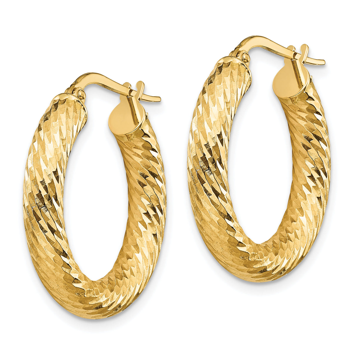 14k 4x22mm Polished Diamond-cut Round Hoop Earrings-TF1333