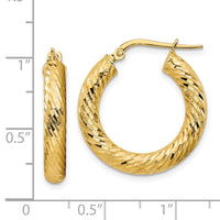14k 4x22mm Polished Diamond-cut Round Hoop Earrings-TF1333