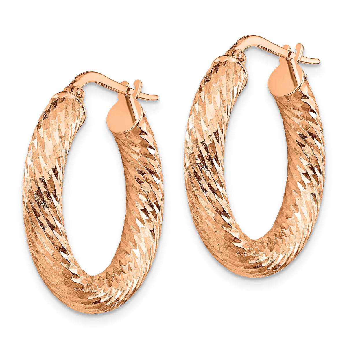 14k 4x22mm Rose Gold Polished Diamond-cut Round Hoop Earrings-TF1333R