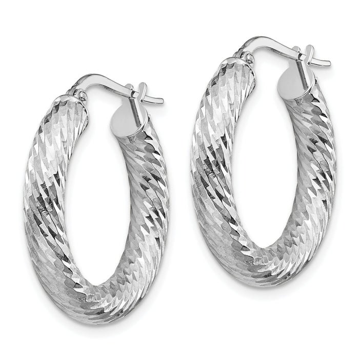 14k 4x22mm White Gold Diamond-cut Round Hoop Earrings-TF1333W