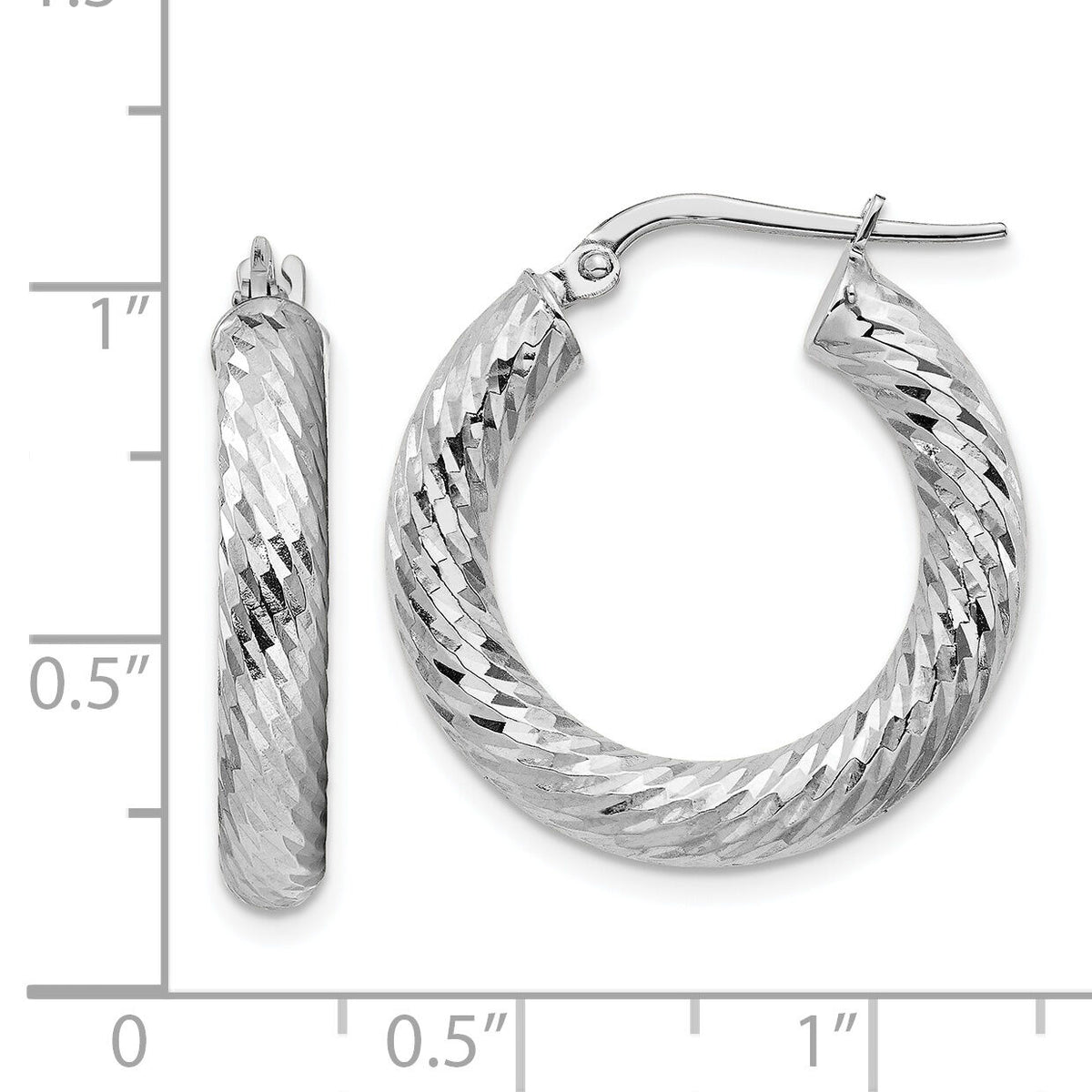 14k 4x22mm White Gold Diamond-cut Round Hoop Earrings-TF1333W