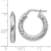 14k 4x22mm White Gold Diamond-cut Round Hoop Earrings-TF1333W