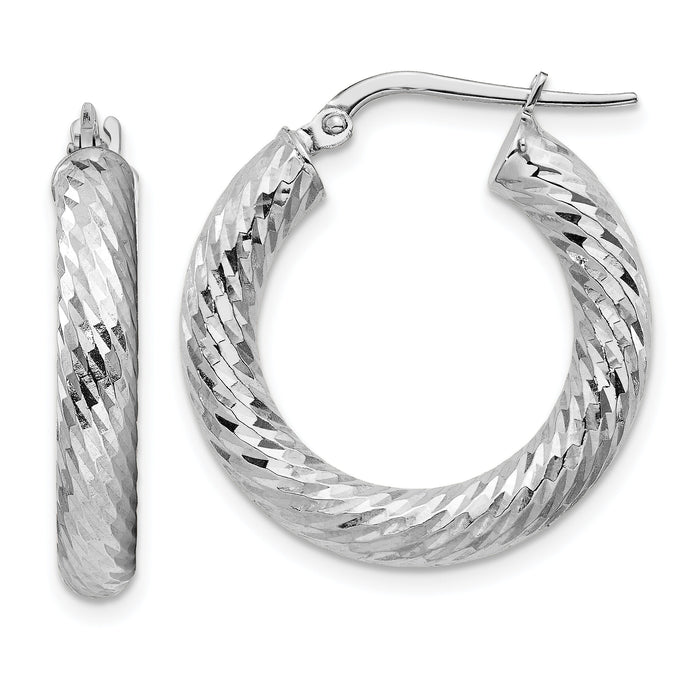 14k 4x22mm White Gold Diamond-cut Round Hoop Earrings-TF1333W