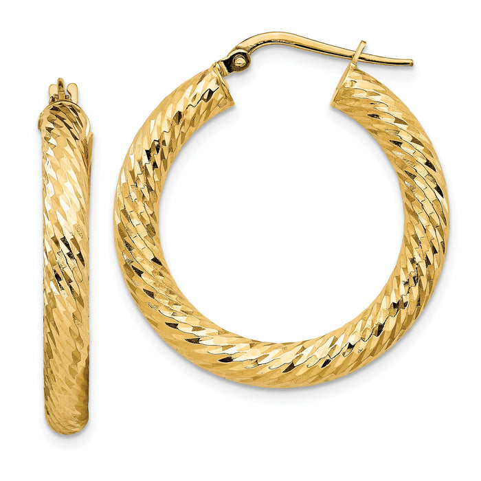14k 4x30mm Diamond-cut Round Hoop Earrings-TF1334