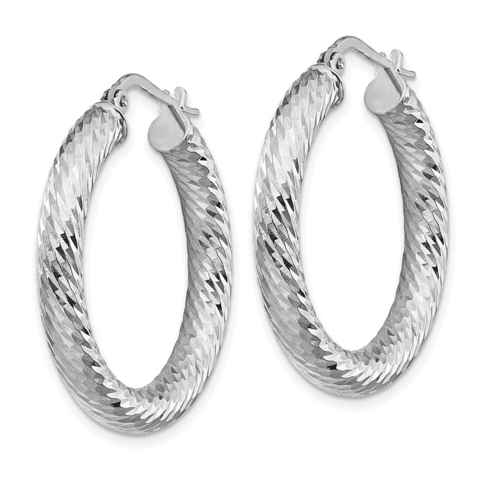 14k 4x30mm White Gold Diamond-cut Round Hoop Earrings-TF1334W