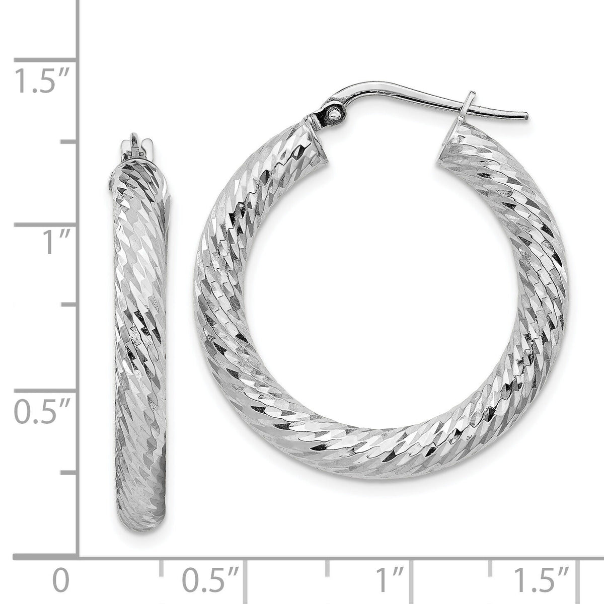 14k 4x30mm White Gold Diamond-cut Round Hoop Earrings-TF1334W