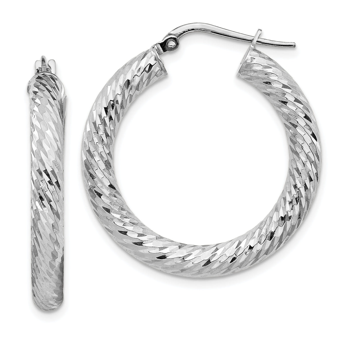 14k 4x30mm White Gold Diamond-cut Round Hoop Earrings-TF1334W