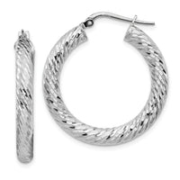14k 4x30mm White Gold Diamond-cut Round Hoop Earrings-TF1334W