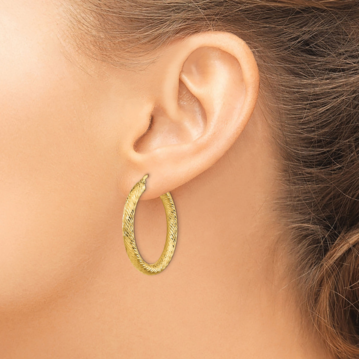 14k 4x35mm Diamond-cut Round Hoop Earrings-TF1335