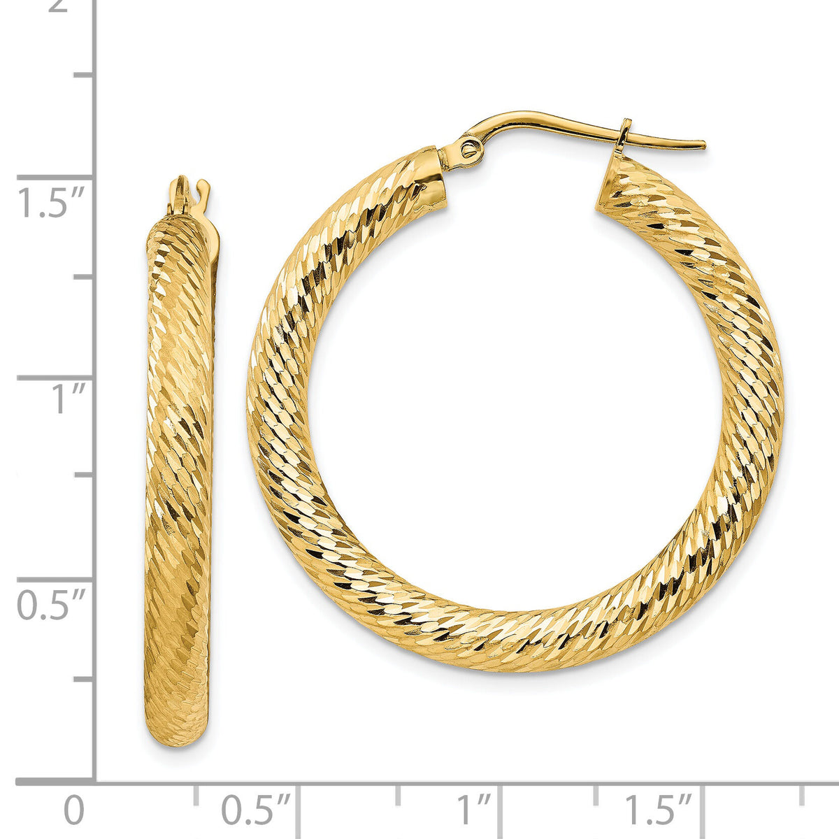14k 4x35mm Diamond-cut Round Hoop Earrings-TF1335