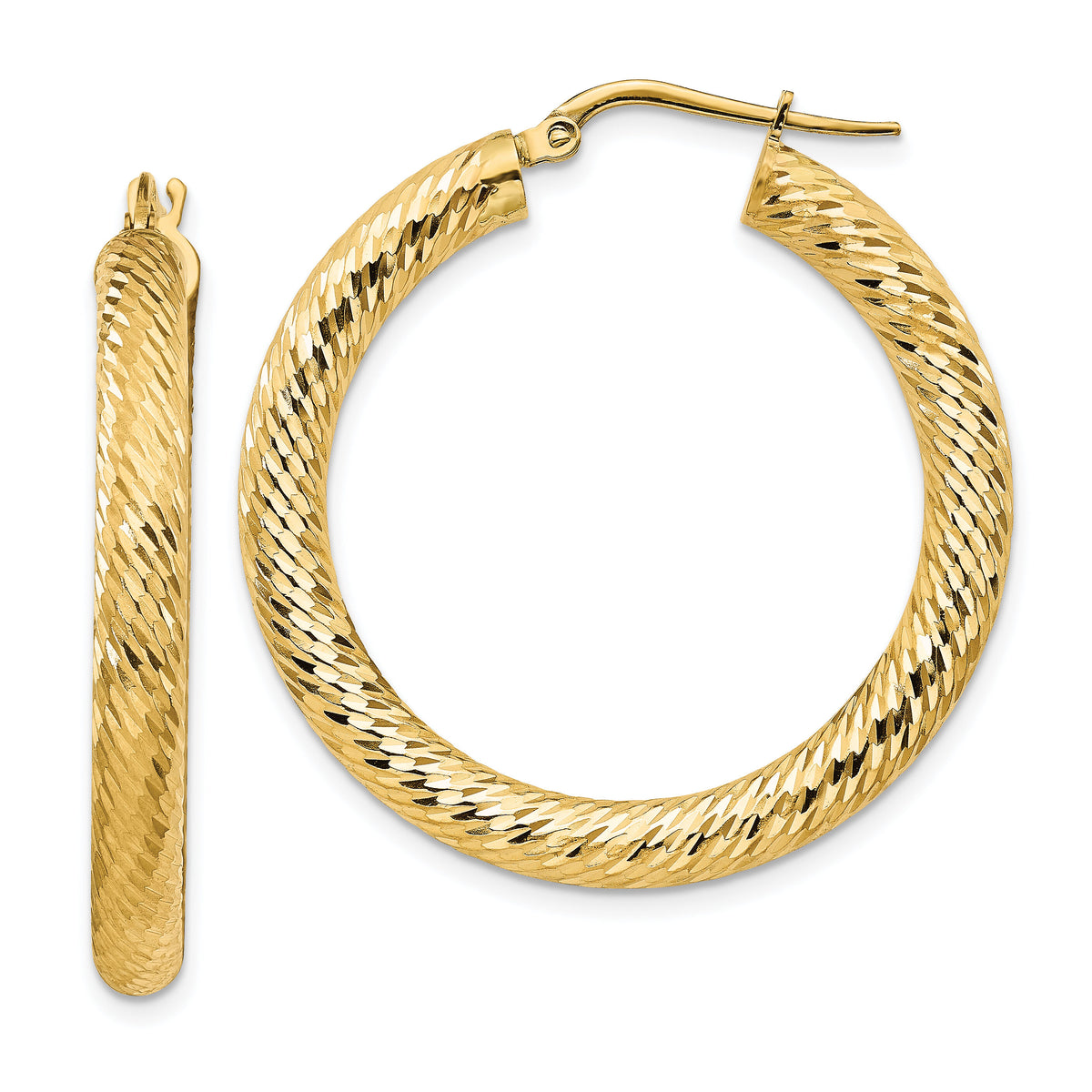 14k 4x35mm Diamond-cut Round Hoop Earrings-TF1335