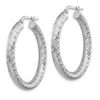 14k 4x35mm White Gold Diamond-cut Round Hoop Earrings-TF1335W