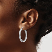 14k 4x35mm White Gold Diamond-cut Round Hoop Earrings-TF1335W
