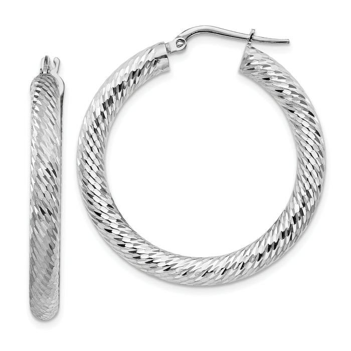 14k 4x35mm White Gold Diamond-cut Round Hoop Earrings-TF1335W