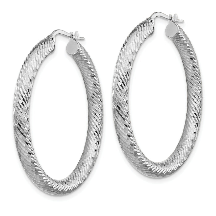 14k 4x40mm White Gold Diamond-cut Round Hoop Earrings-TF1336W