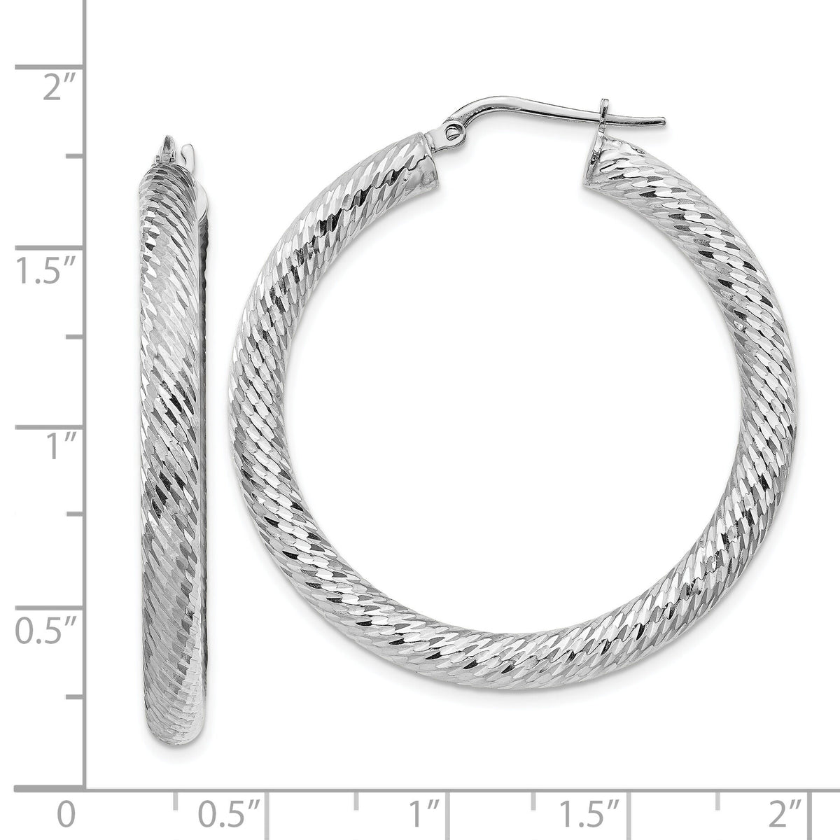 14k 4x40mm White Gold Diamond-cut Round Hoop Earrings-TF1336W
