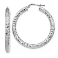 14k 4x40mm White Gold Diamond-cut Round Hoop Earrings-TF1336W