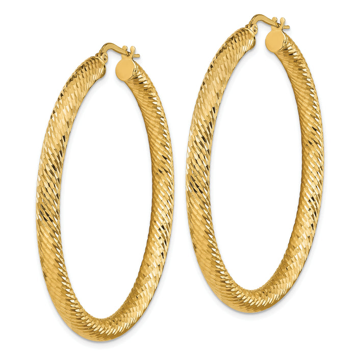 14k 4x50mm Diamond-cut Round Hoop Earrings-TF1338