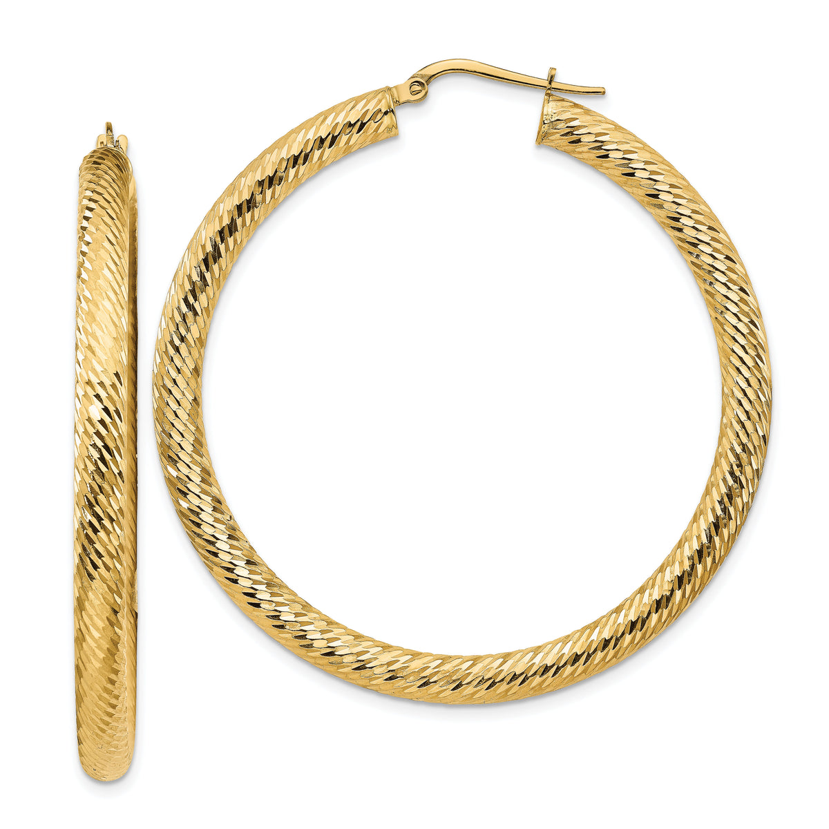 14k 4x50mm Diamond-cut Round Hoop Earrings-TF1338