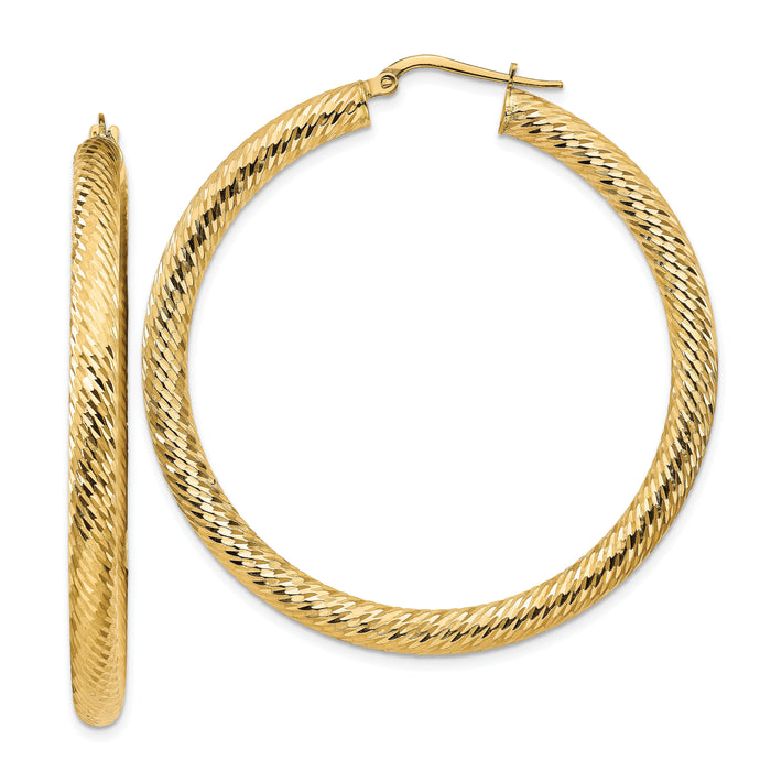 14k 4x50mm Diamond-cut Round Hoop Earrings-TF1338