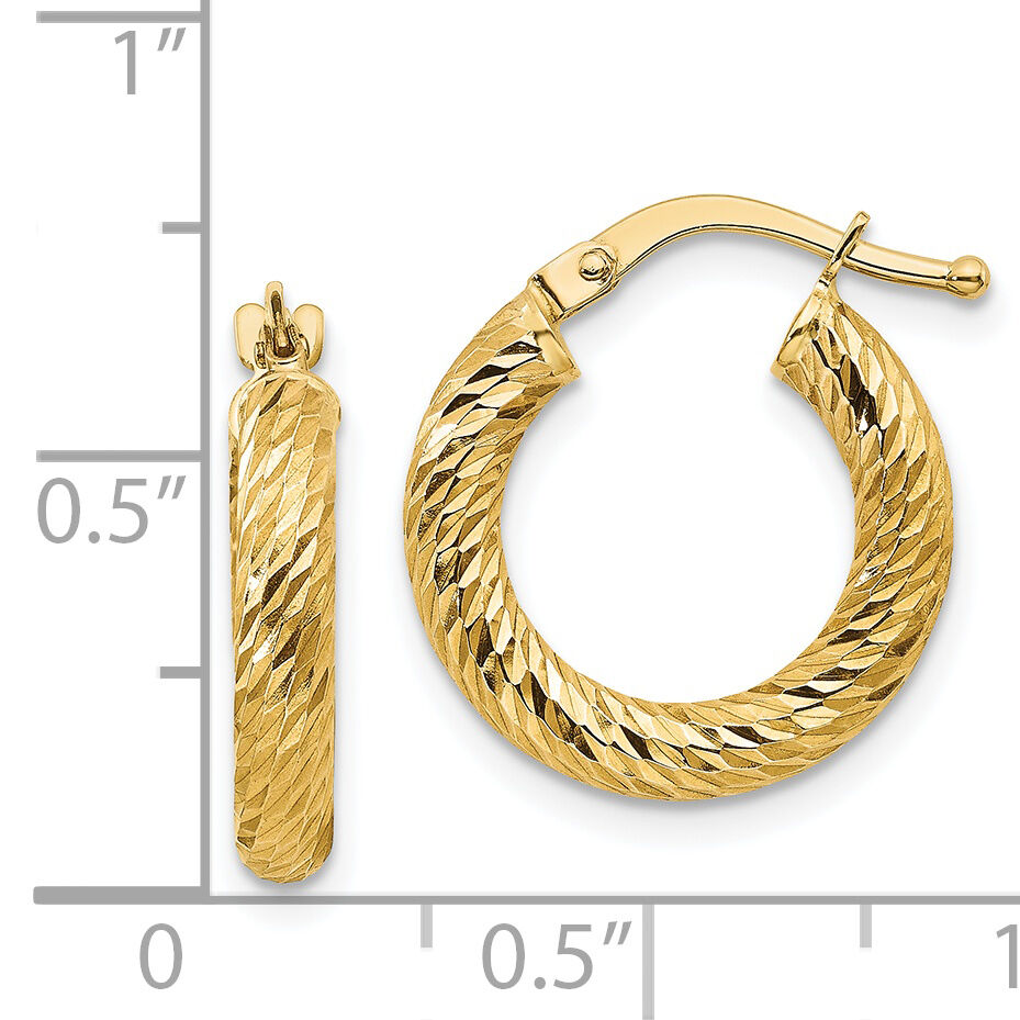 14k 3x16mm Diamond-cut Round Hoop Earrings-TF1339