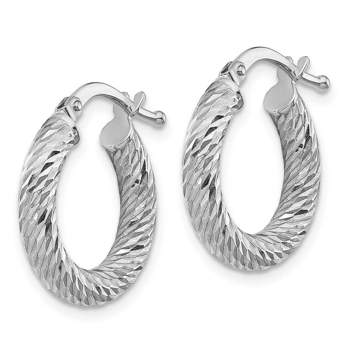 14k 3x16mm White Gold Diamond-cut Round Hoop Earrings-TF1339W