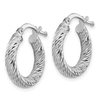 14k 3x16mm White Gold Diamond-cut Round Hoop Earrings-TF1339W